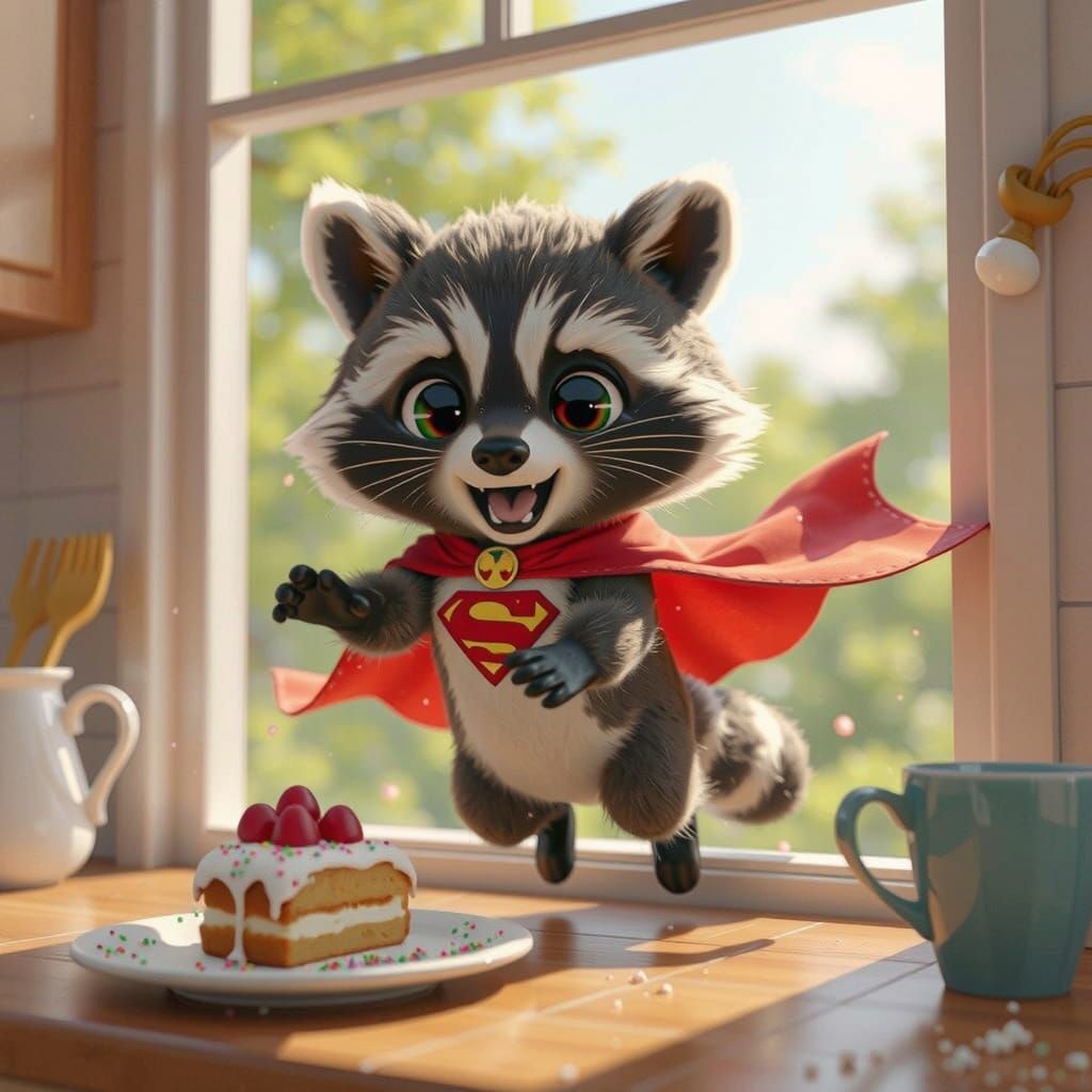 Superhero Raccoon Cake Heist in 3D Anime Style