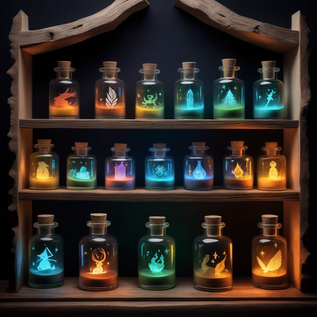Mysterious Wood Shelf with Shattered Potions and Ethereal Be...