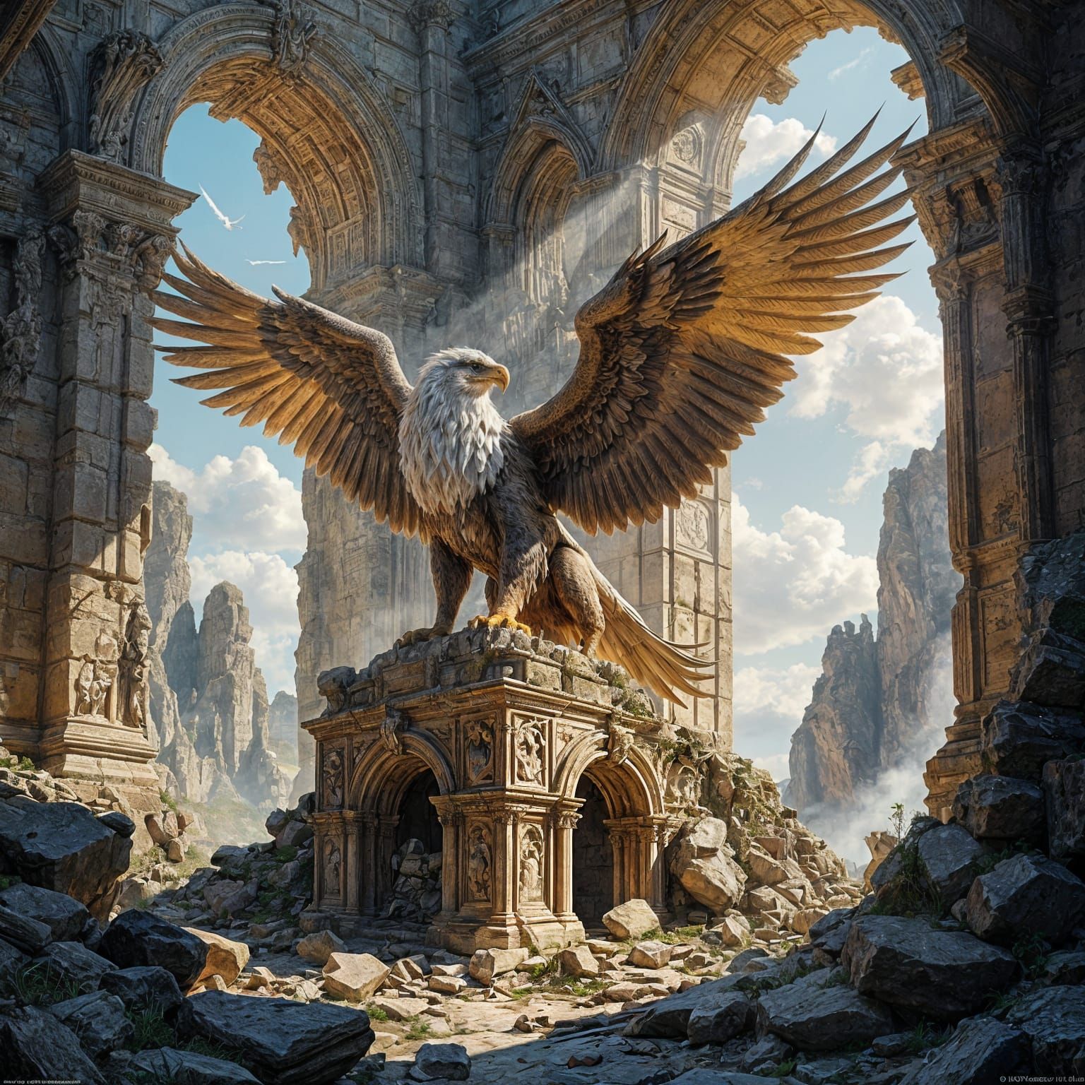 Majestic Griffin on Ancient Ruin in Epic Fantasy Style