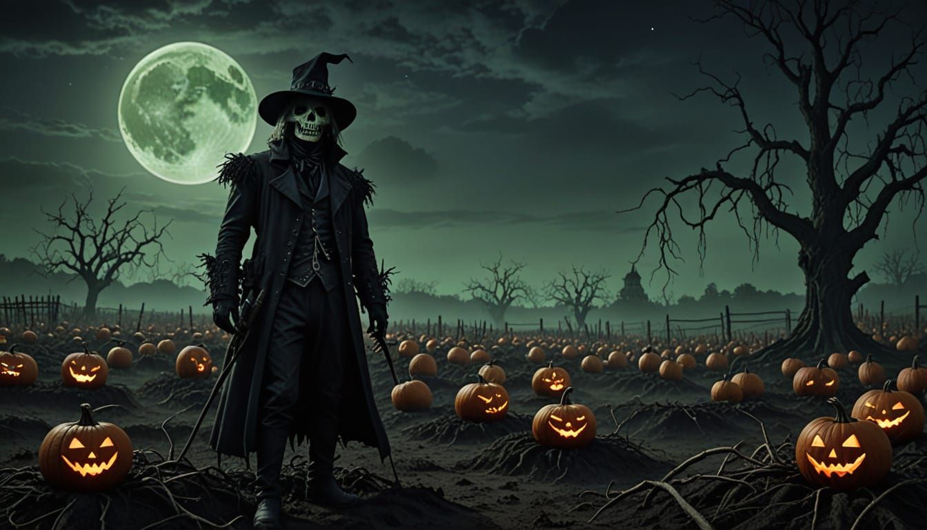 Haunting Scarecrow in Moonlit Field of Glowing Pumpkins