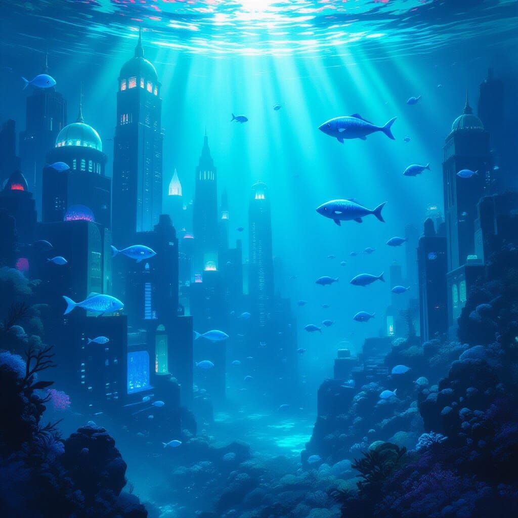Submerged Atlantis Cityscape with Bioluminescent Glow
