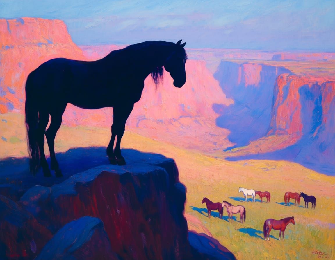 Impressionist Black Horse Watches Herd in Canyon at Golden H...