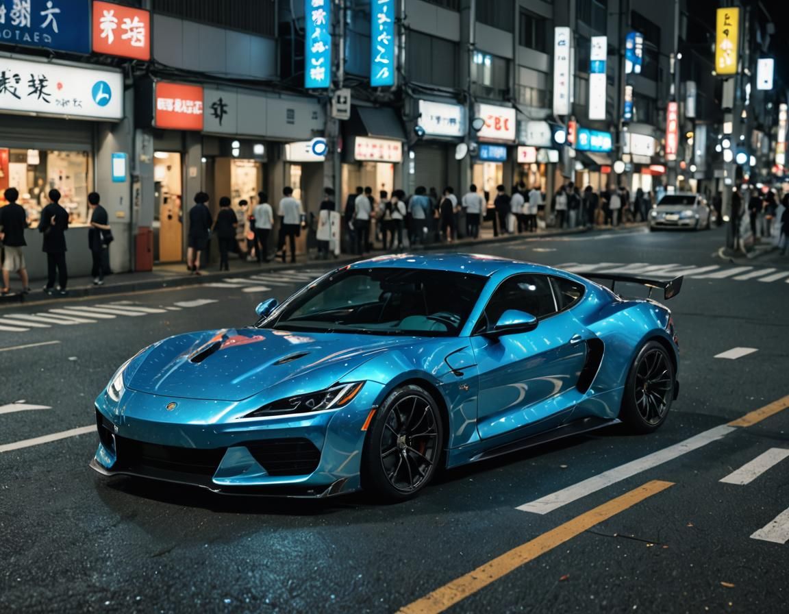 Blue Hologram Sports Car in Tokyo: Cyberpunk Style