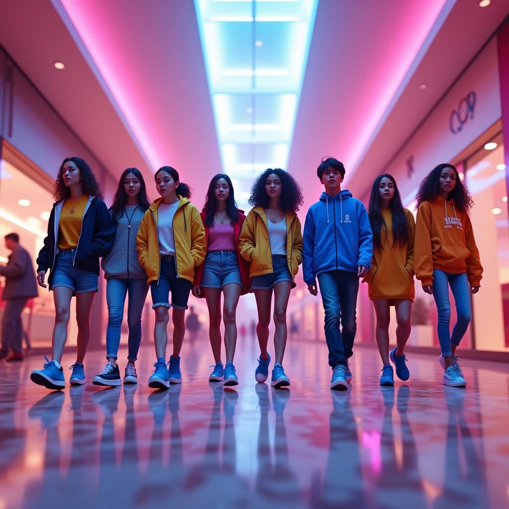Teenagers United: A Harmonious Walk in a Pink Mall