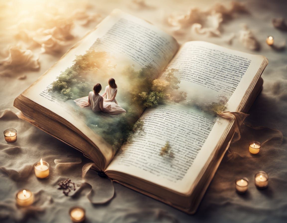 Dreamy Watercolor Scene of Ancient Book with Female Models