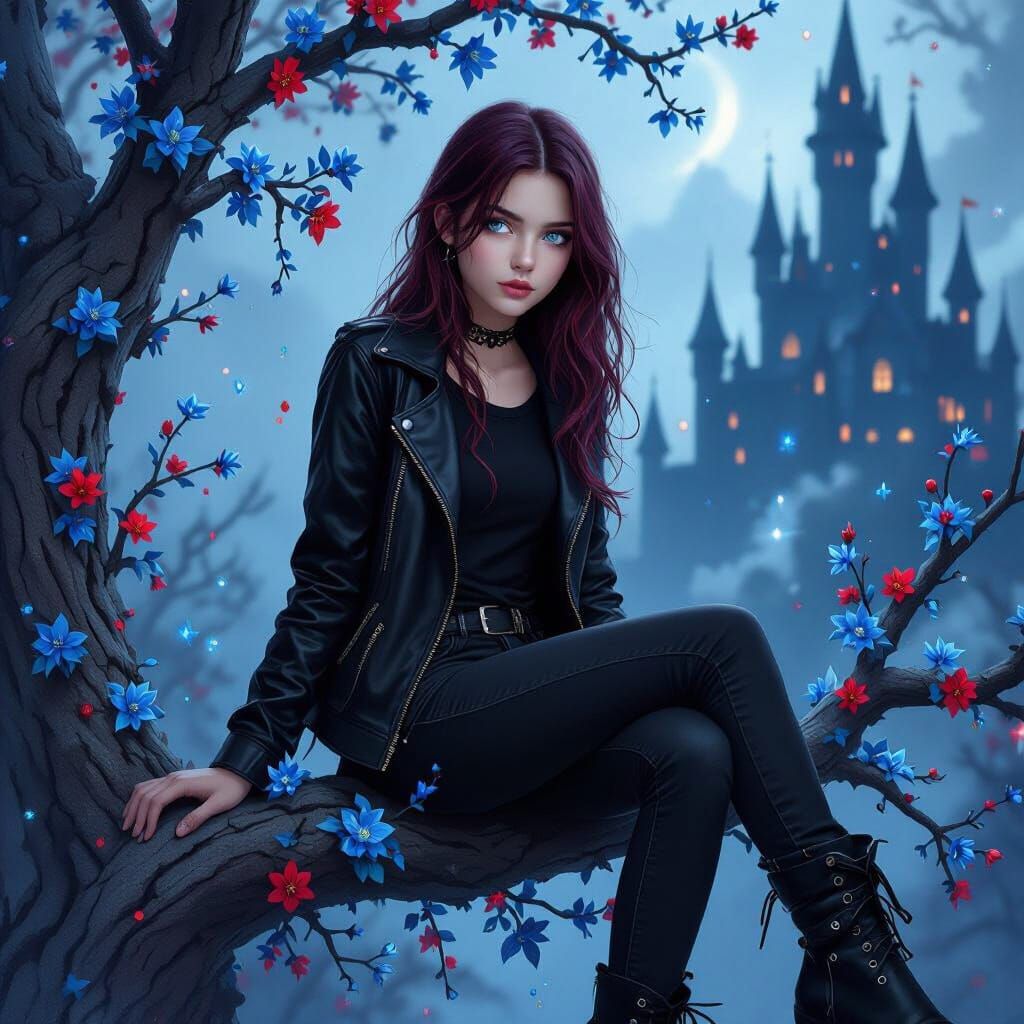 Mysterious Girl on Blossoming Branch in Dark Fantasy