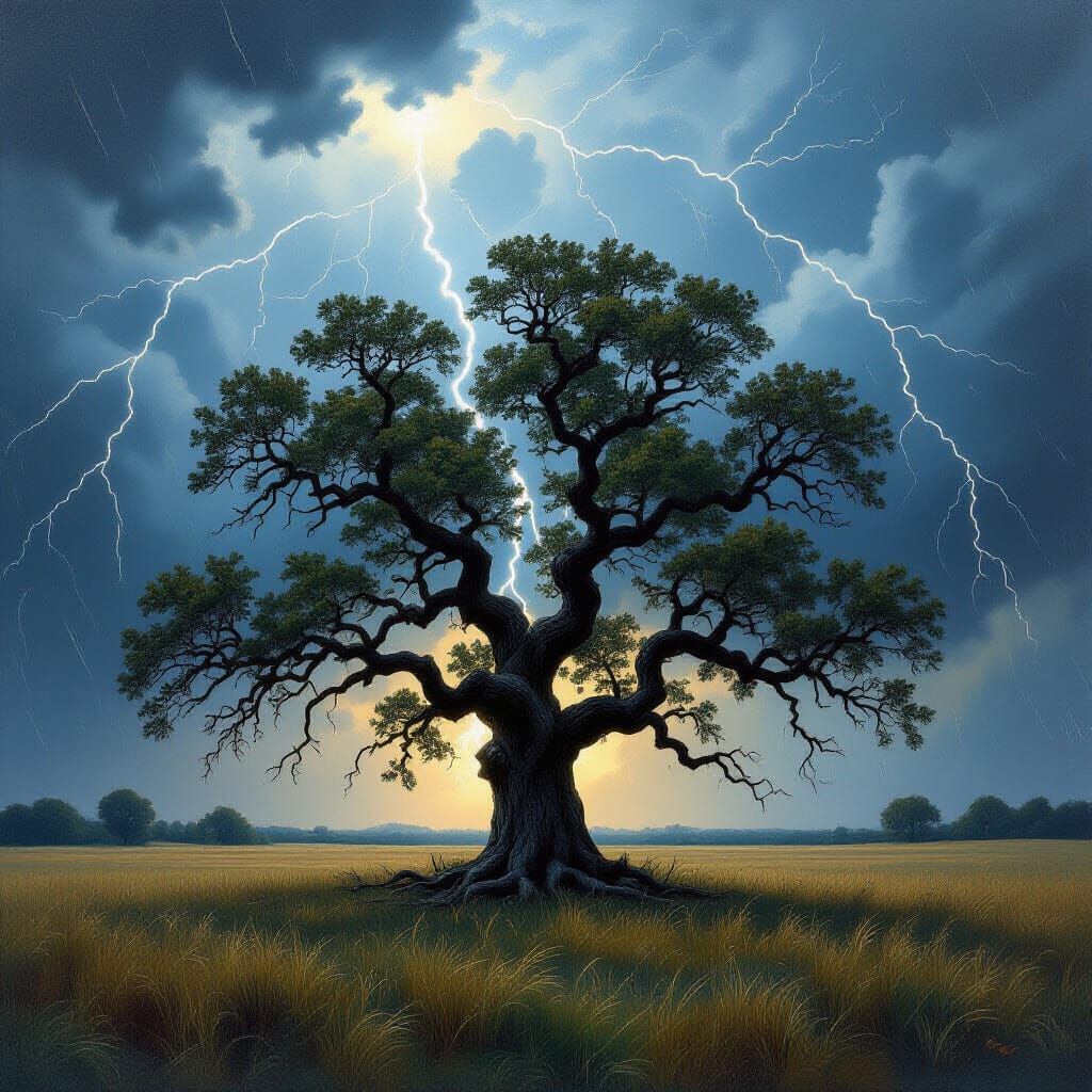 Ancient Oak Tree in Stormy Field - Dark Fantasy Oil Painting