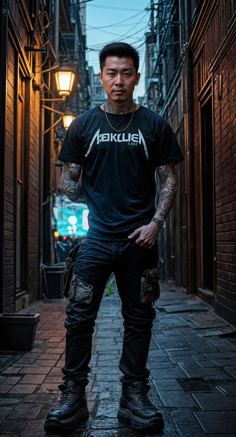 Neon Ice: Tattooed Man in Urban Alley, Fantasy Illustration
