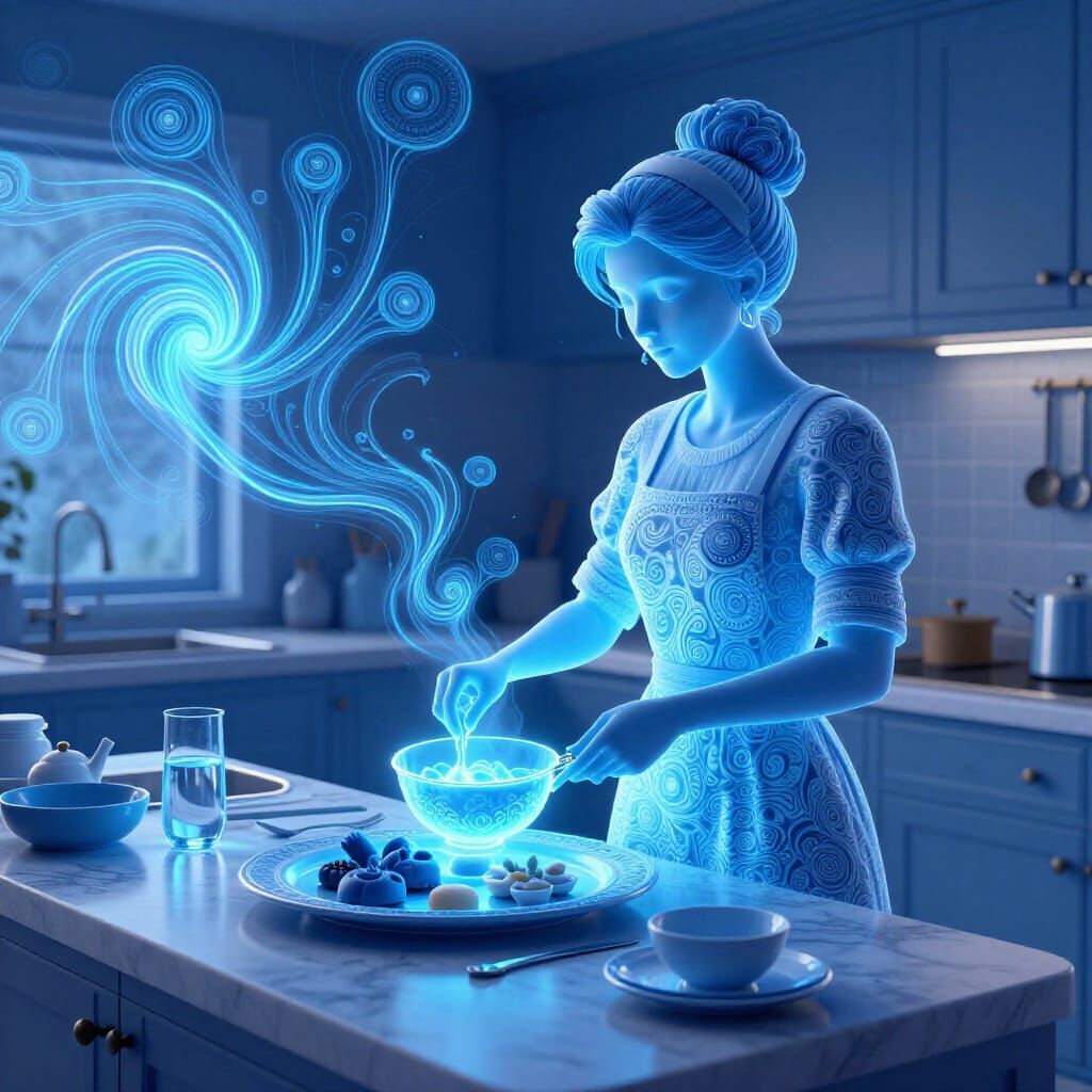Surreal Azure Kitchen with Ethereal Blue Tradwife Cooking