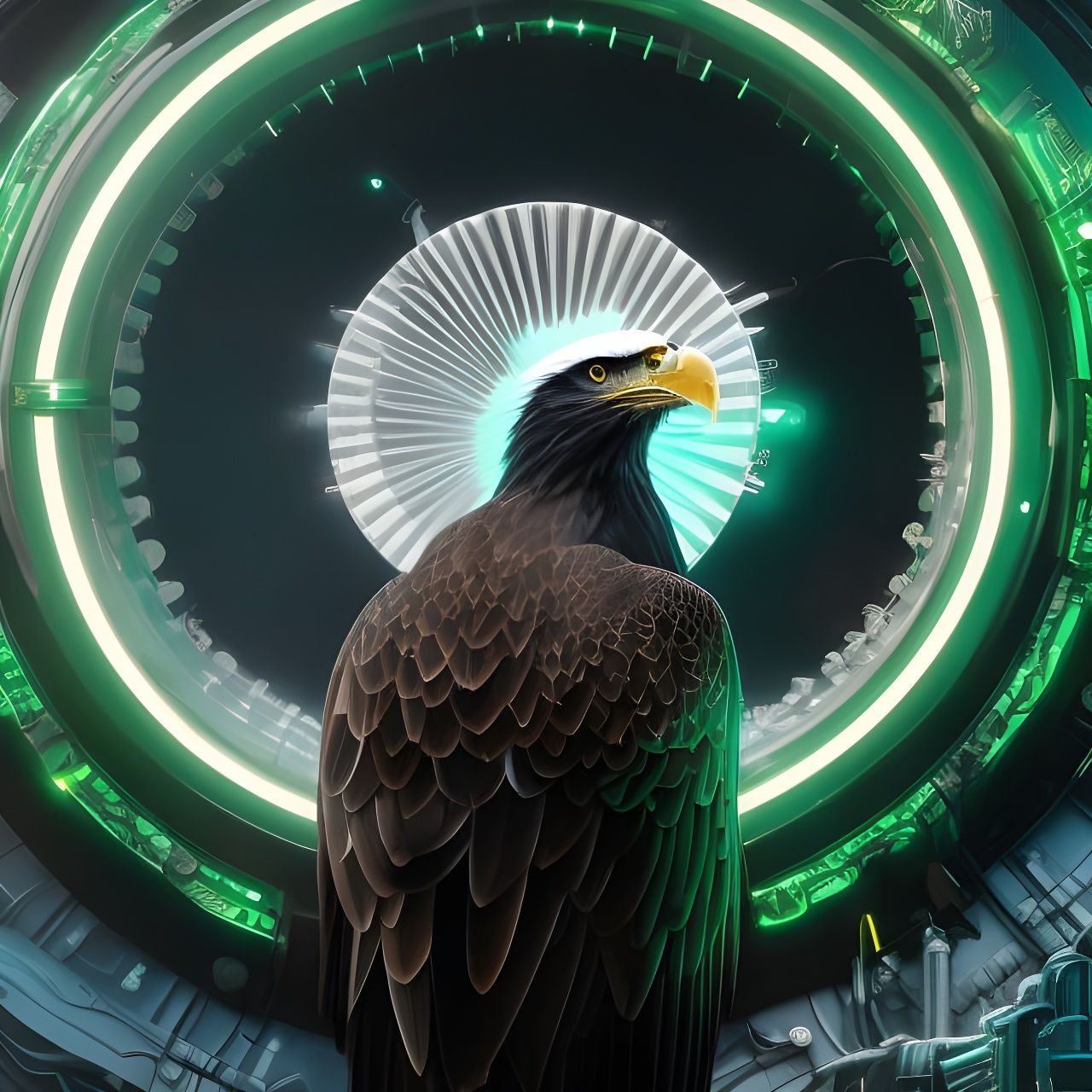 Cyberpunk Eagle Soars Before Time Portal