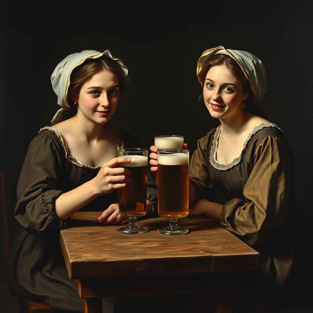 Baroque Women Enjoying Beer, Chiaroscuro Oil Painting