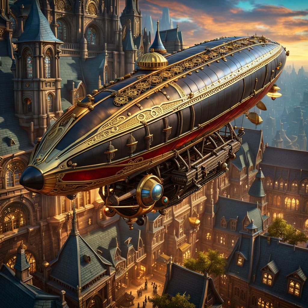Steampunk Zeppelin Over Cyberpunk Gothic City