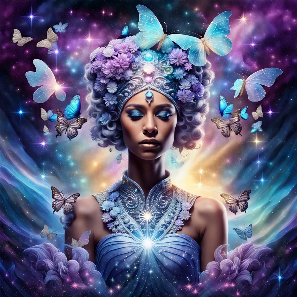 Glimmering Goddess: A Cosmic Voyage Amidst Stardust and Gemstones