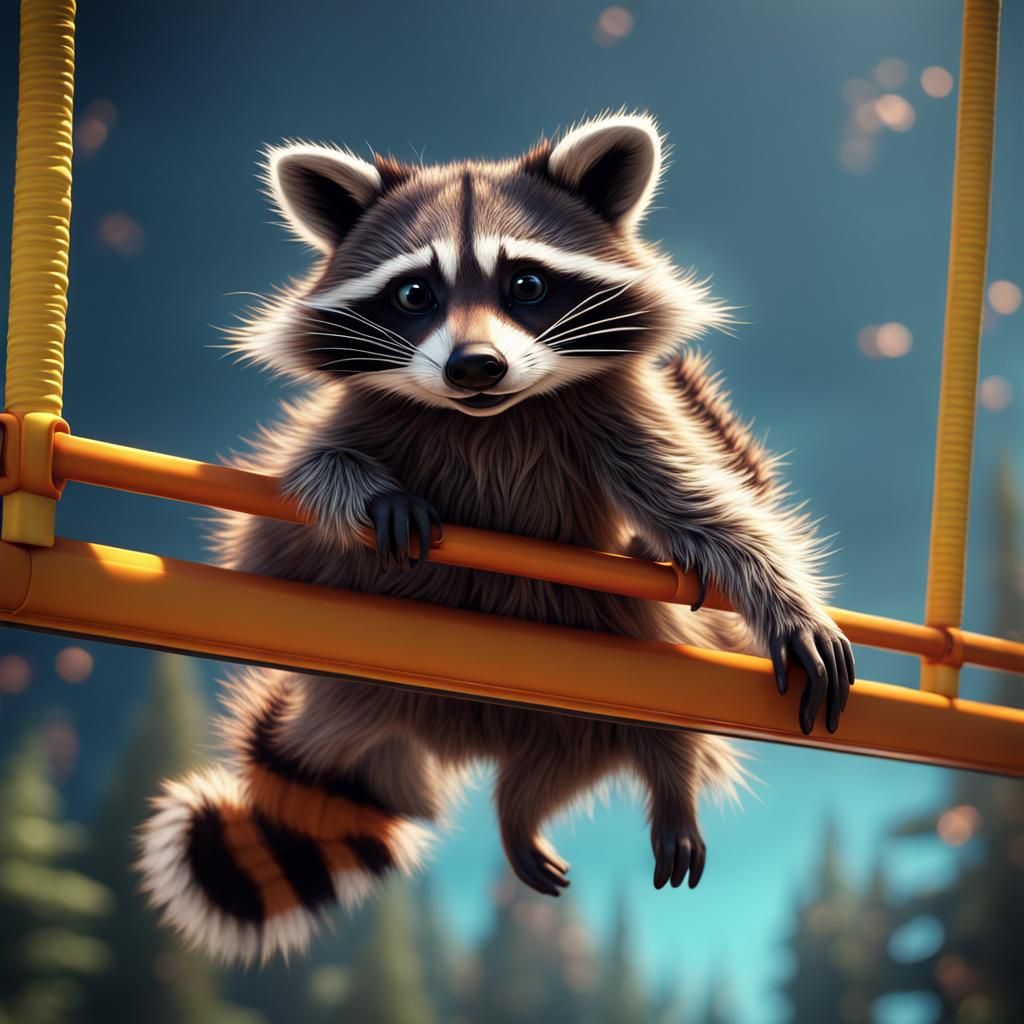 Raccoon with Braces on Trampoline: Fantasy Concept Art