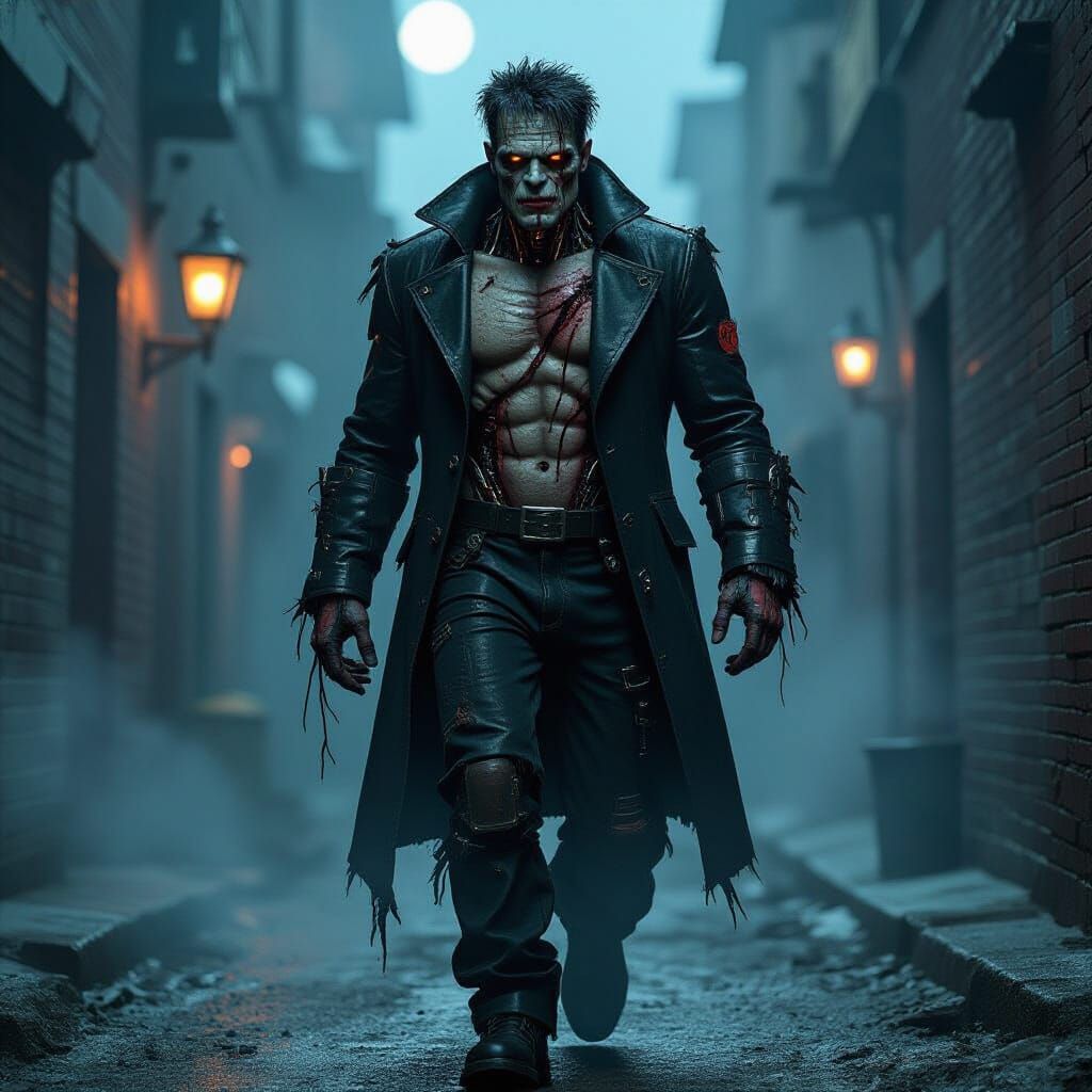 Biomechanical Frankenstein Monster in Foggy Alley