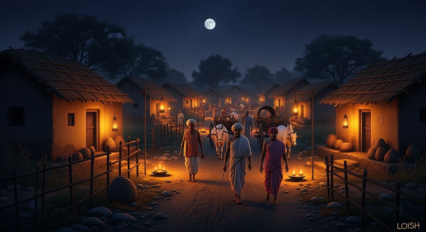 Ancient Indian Village at Night in Oil Paint Style