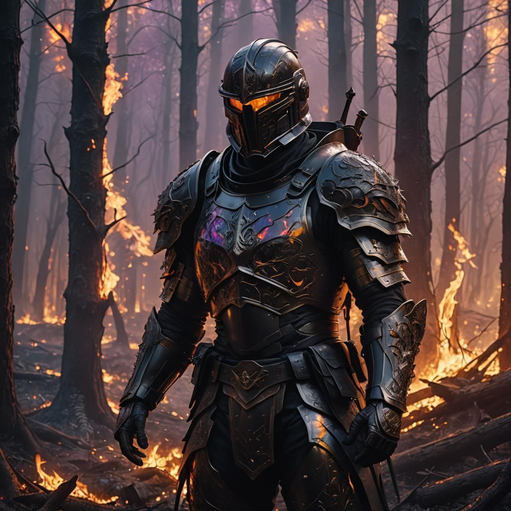 Soldier in Burning Forest: Dark Fantasy Digital Art