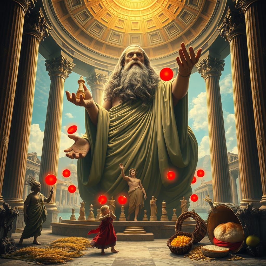 Surreal God Manipulating Chess Pieces in Temple