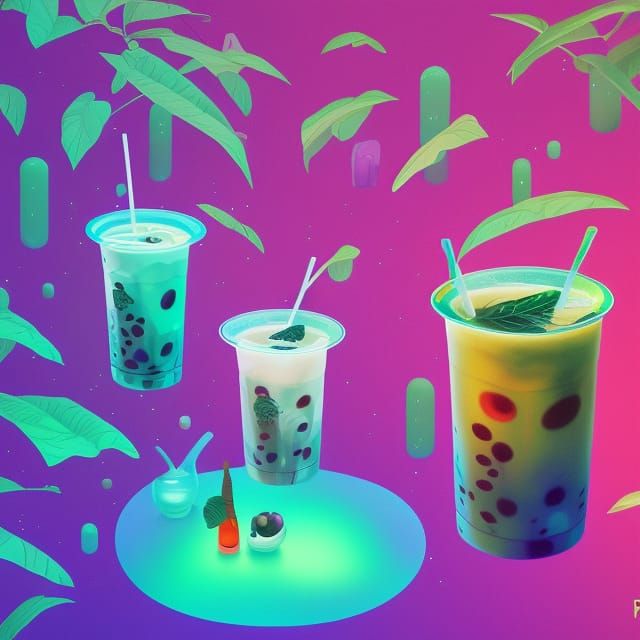 Boba Tea Forest: Holographic Cosmic Illustration