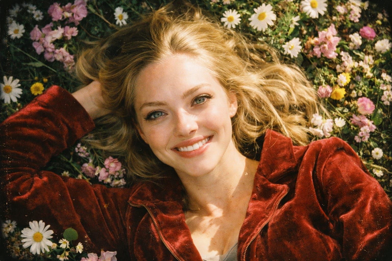 Happy Woman in Velvet Jacket Amidst Flowers