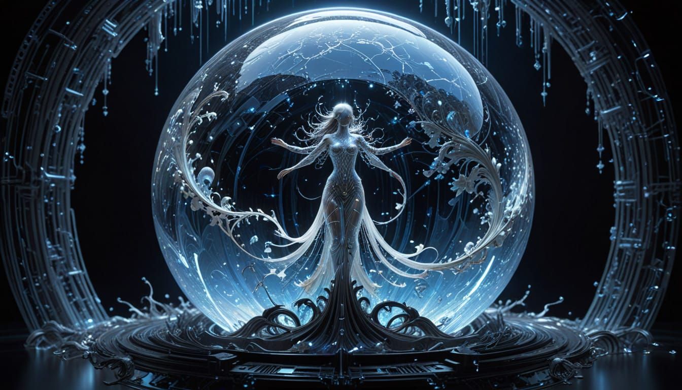 Digital Entity in Shimmering Pixel Sphere