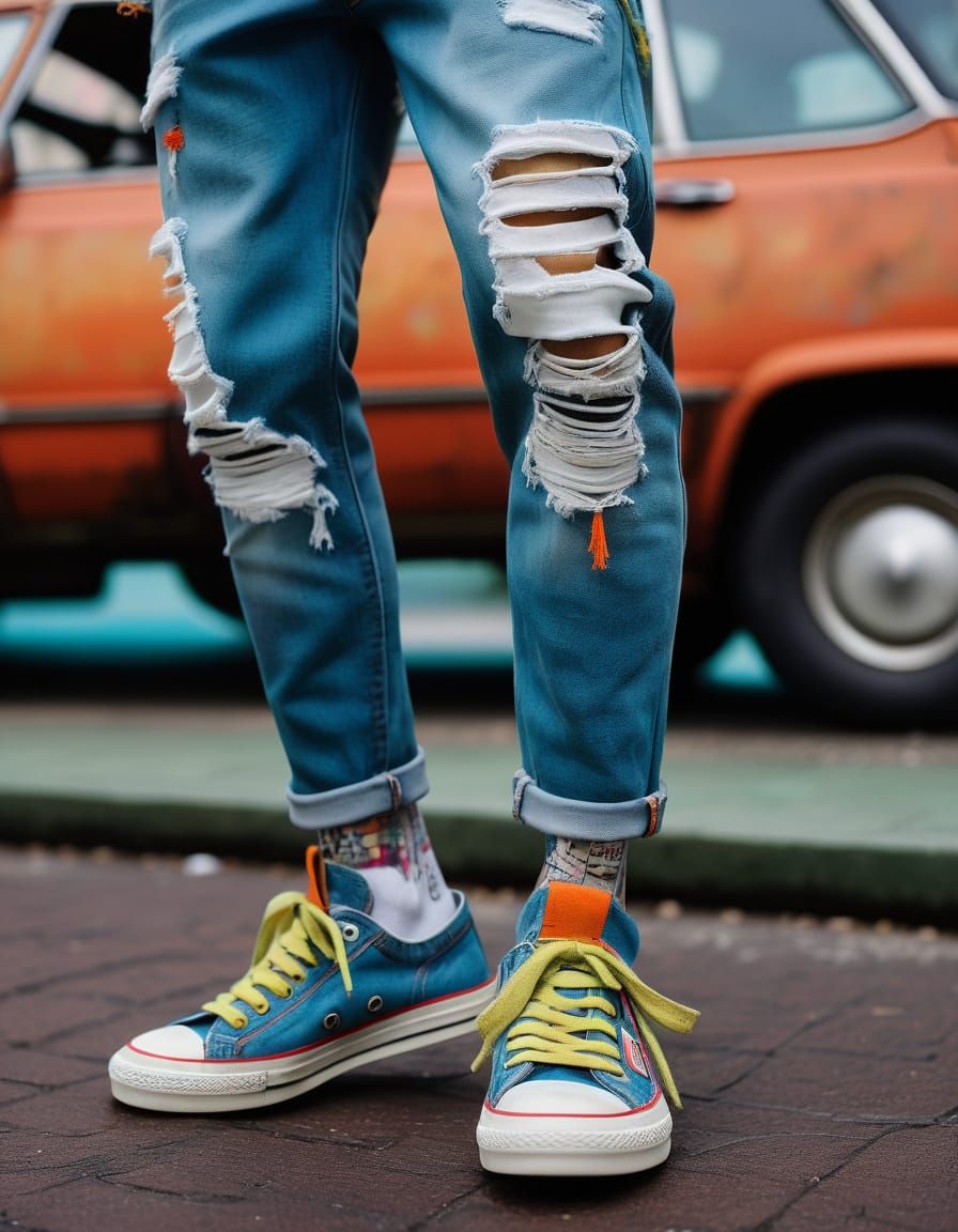 Distressed Hip Hop Jeans in Gritty Urban Setting