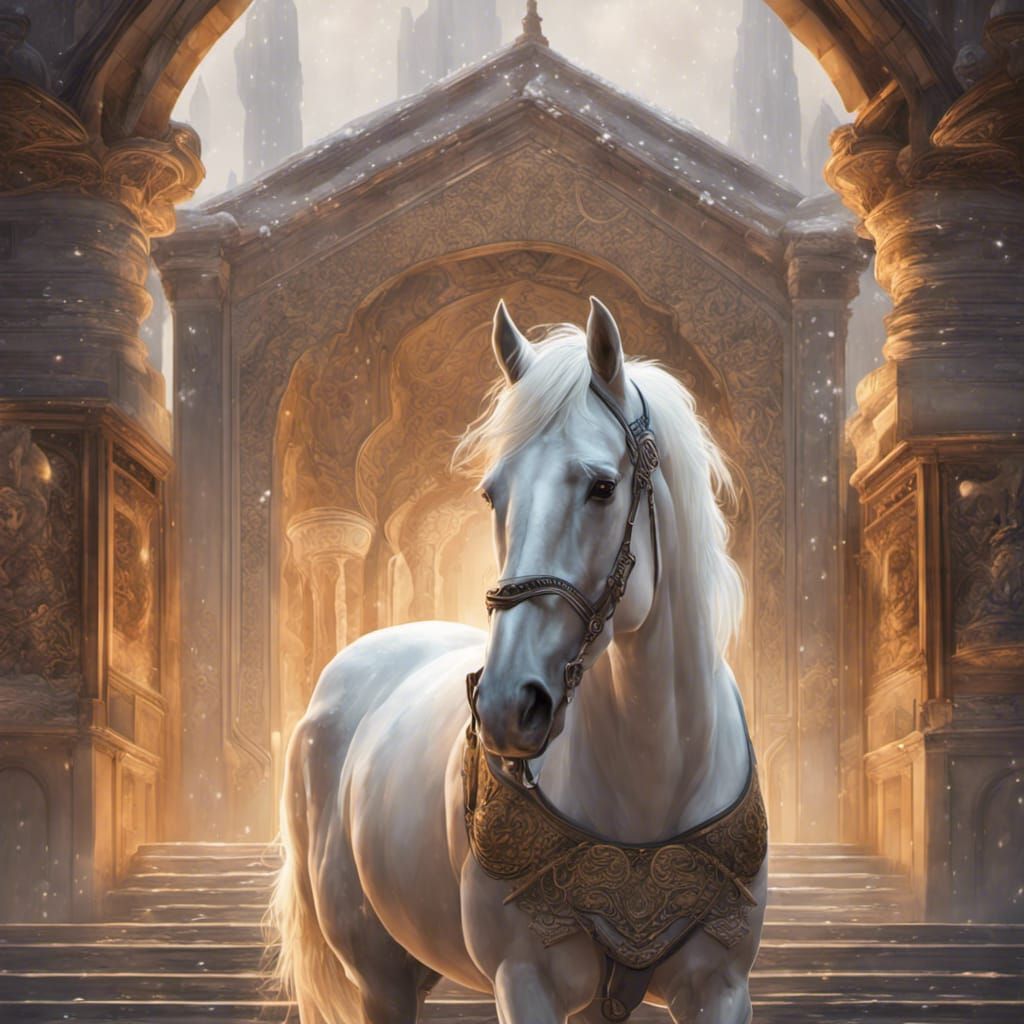 Cremello Horse Portrait near Snowy Palace, Detailed Art