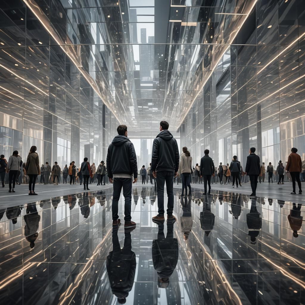 Infinite Reflections: 3D Rendered Mirror Hall Cityscape