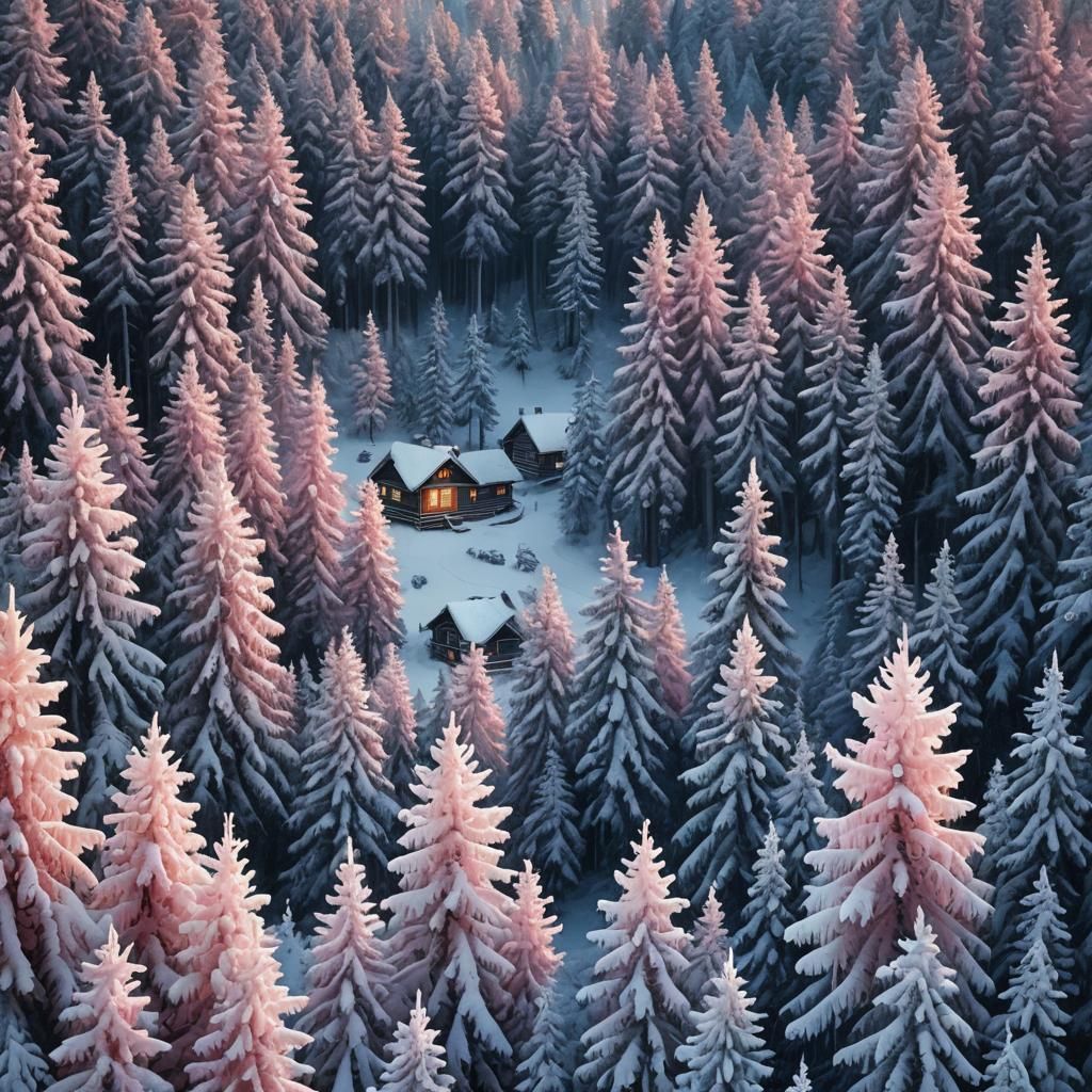 Winter Forestscape with Cabin in Fantasy Style