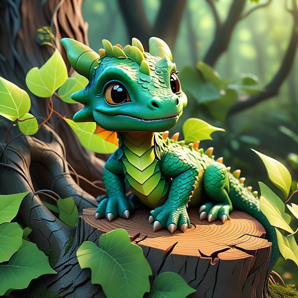 Cute Baby Vine Dragon in Lush Forest