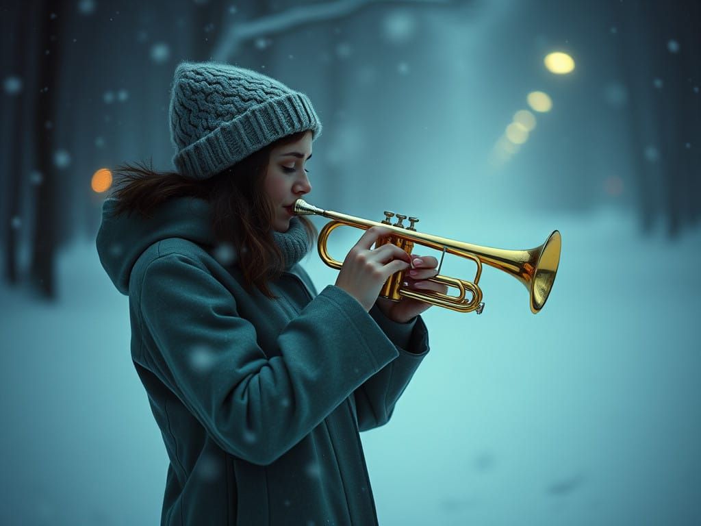 Girl Plays Cool Jazz Trumpet in Soft Winter Scene