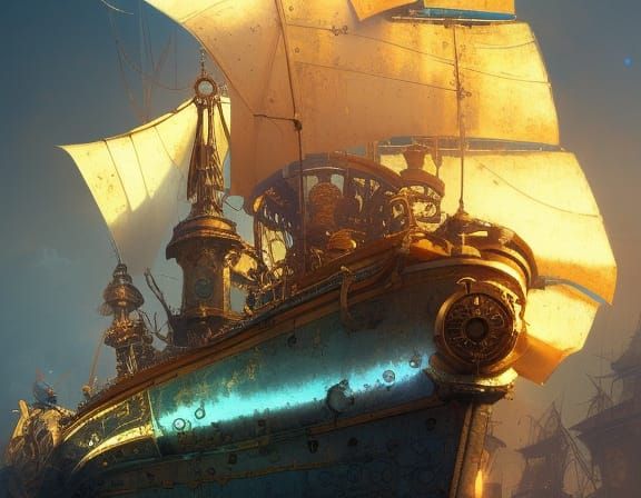 Steampunk Clockwork Pirate Ship in Gold Frame