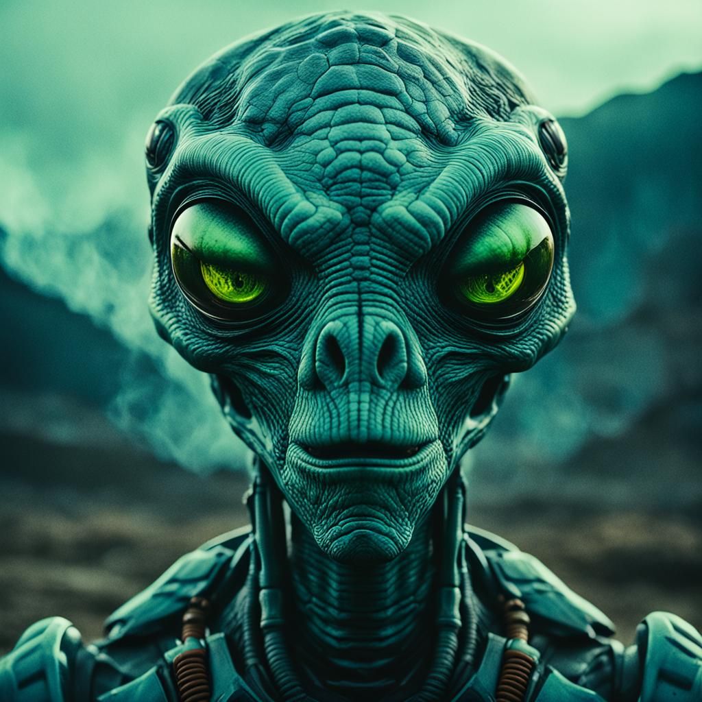 Smoking Alien Close-up: Cinematic Film Still