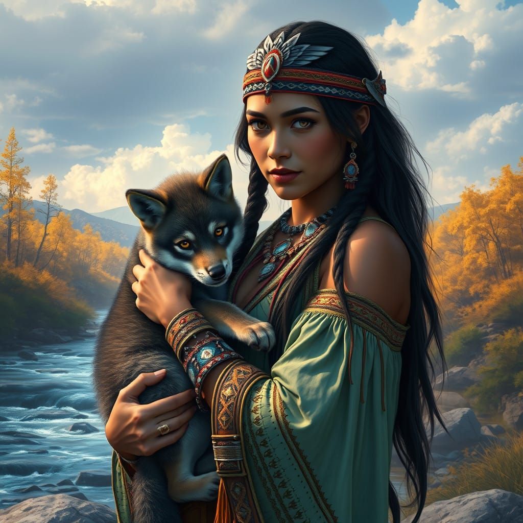 Native American Goddess with Wolf Cub by Serene Stream