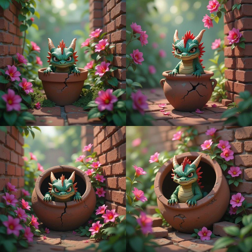 Tiny Dragon Scowls in Broken Pot Amidst Exotic Flowers