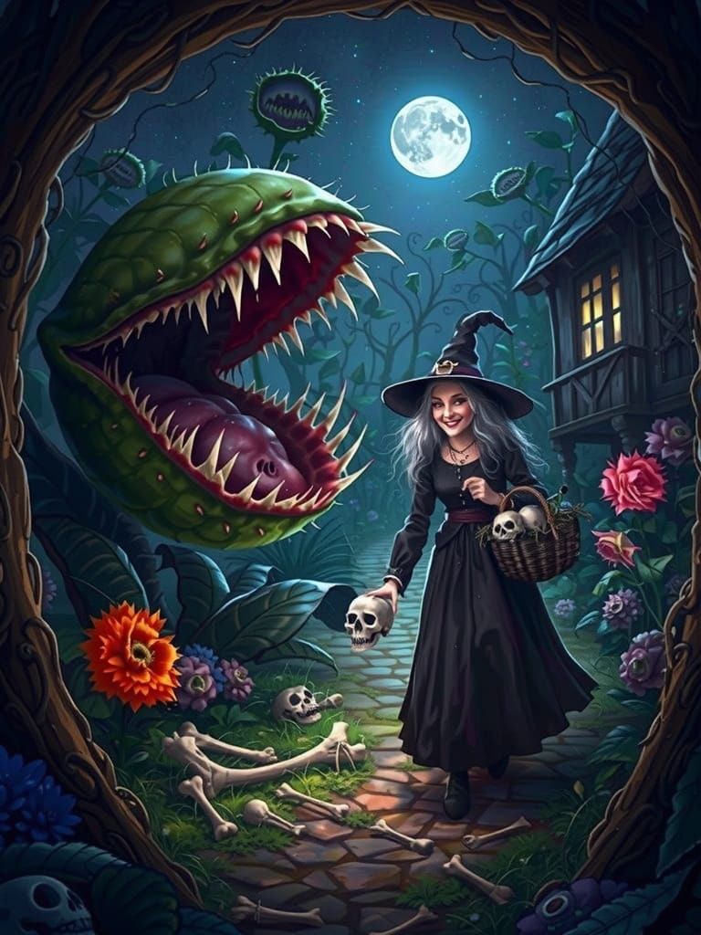 Witch in Carnivorous Garden: Photorealistic Digital Illustra...