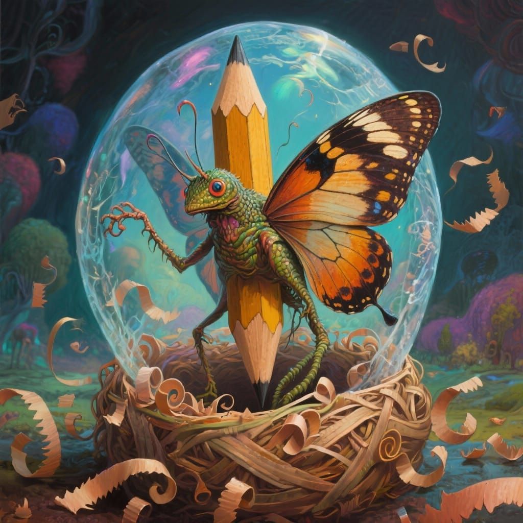 Surreal Pencil Butterfly Emerges from Shaving Cocoon