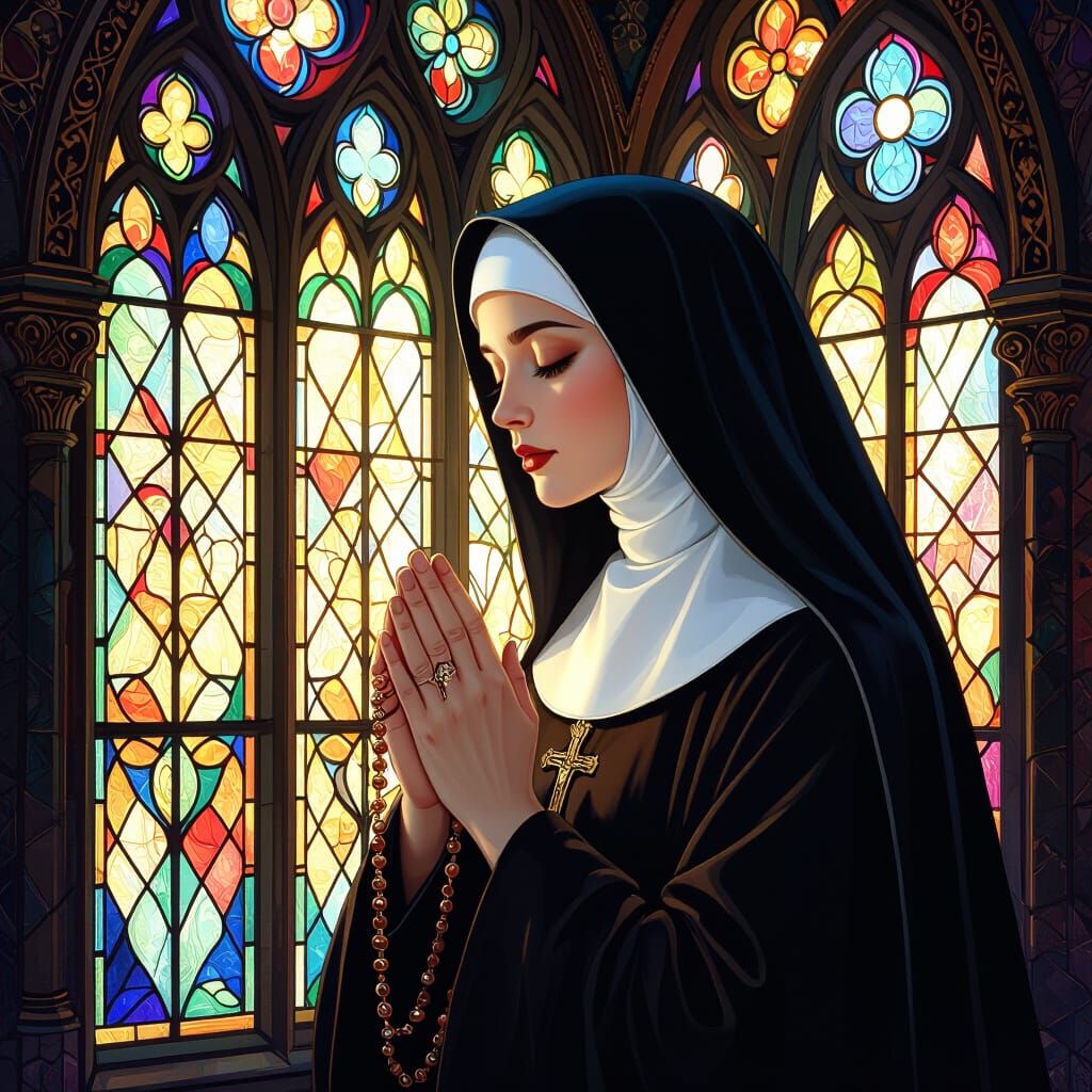 Nun Praying in Gothic Stained Glass, Fantasy Art