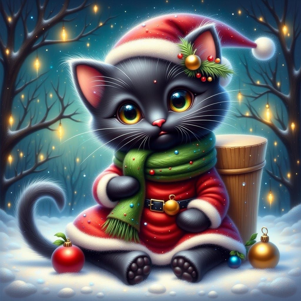 Magical Christmas Kitten in Painterly Fantasy Style
