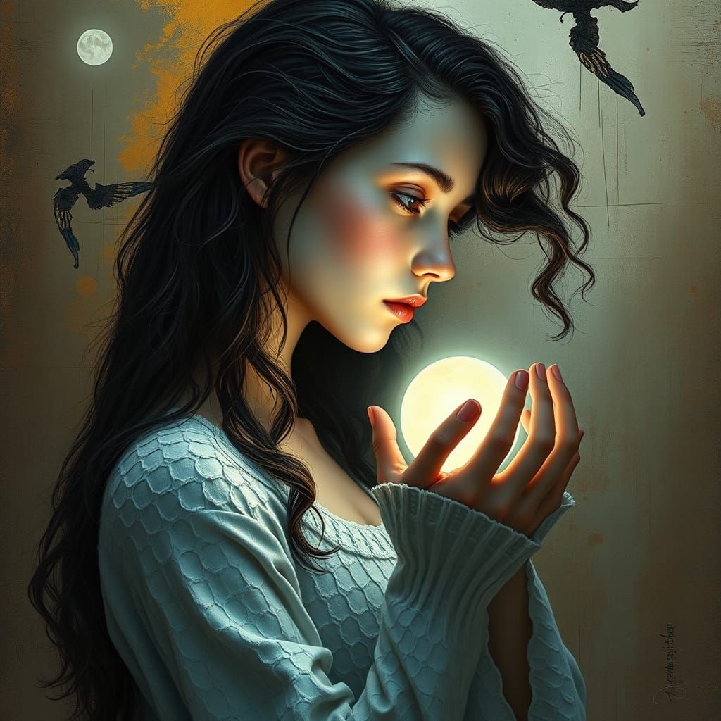 Ethereal Young Woman Contemplates a Glowing Orb in a Dreamli...