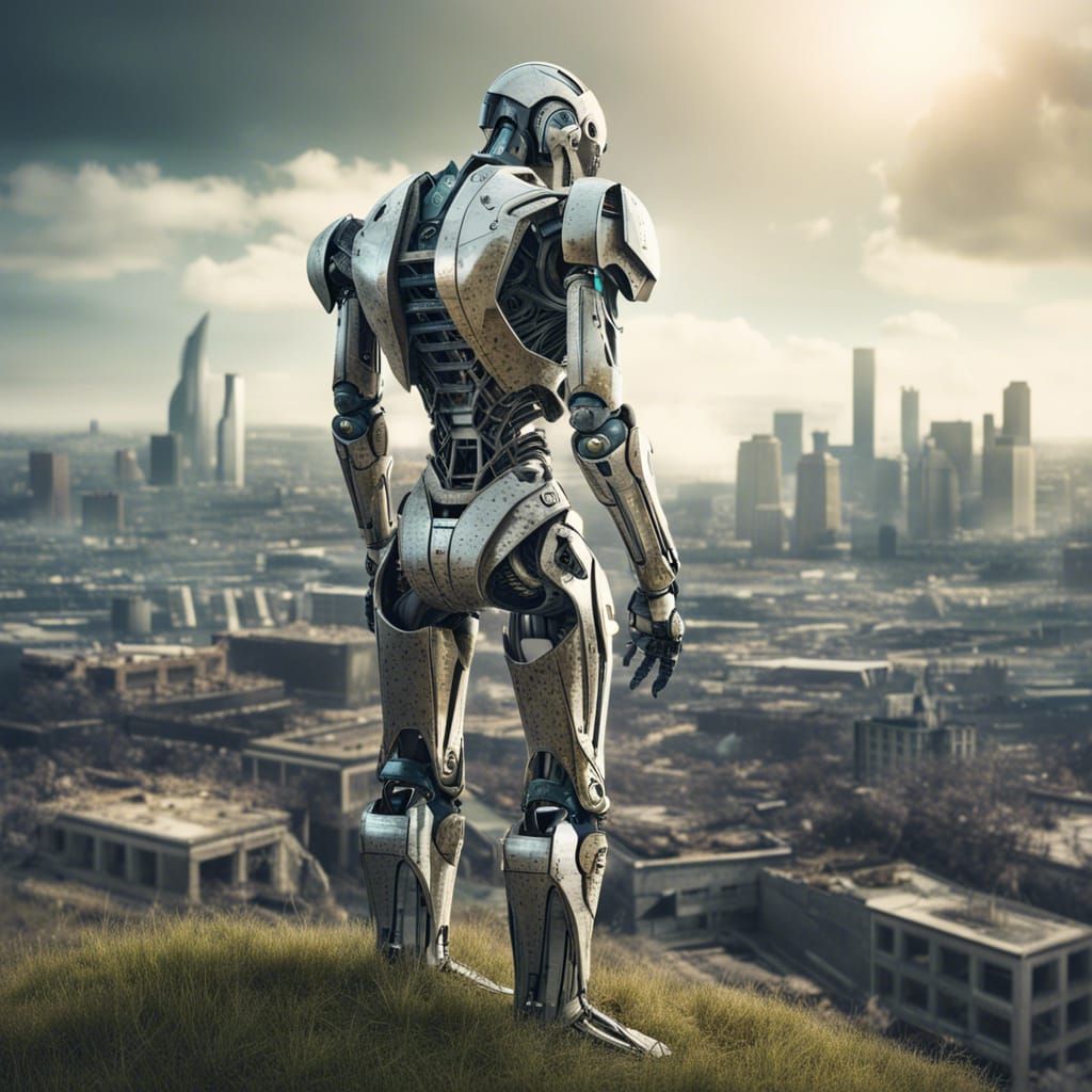 Futuristic Robot Observes Ruined City