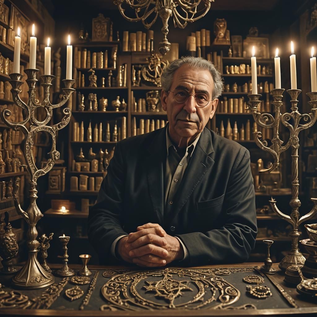 Eerie Surrealism: Judaica Shop Owner in Moody Lighting