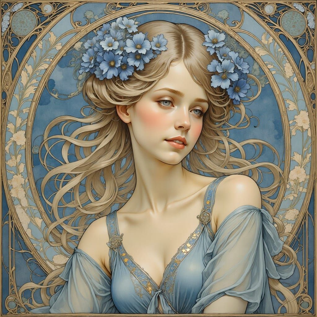 Art Nouveau Woman in Blue Floral Ornament