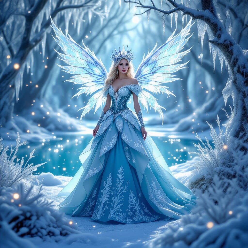 Icy Moon Princess in Enchanted Forest, Hyperrealistic Fantas...