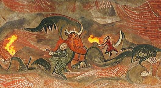 Viking and Dinosaur Battle in Hellscape