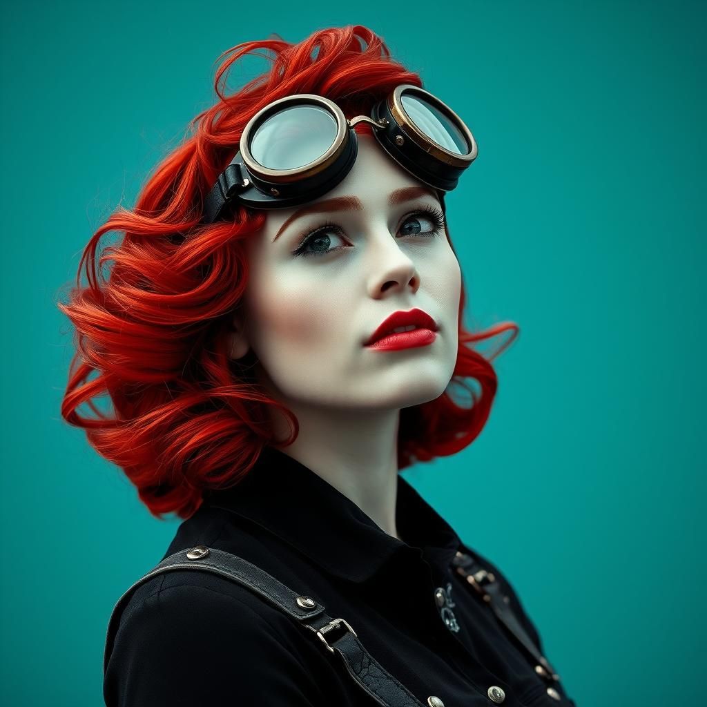 Steampunk Woman with Red Hair in Black and White