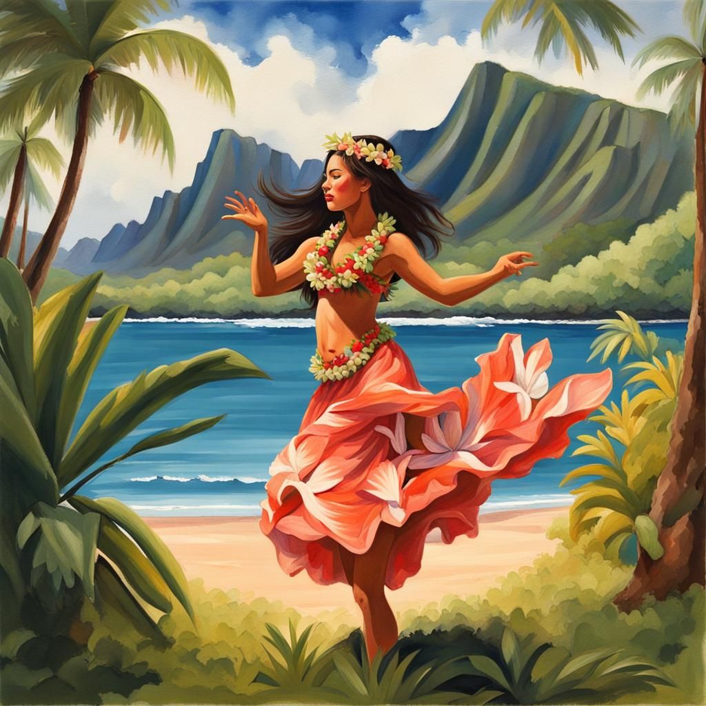 Hawaiian Hula Dancer in Gouache Style