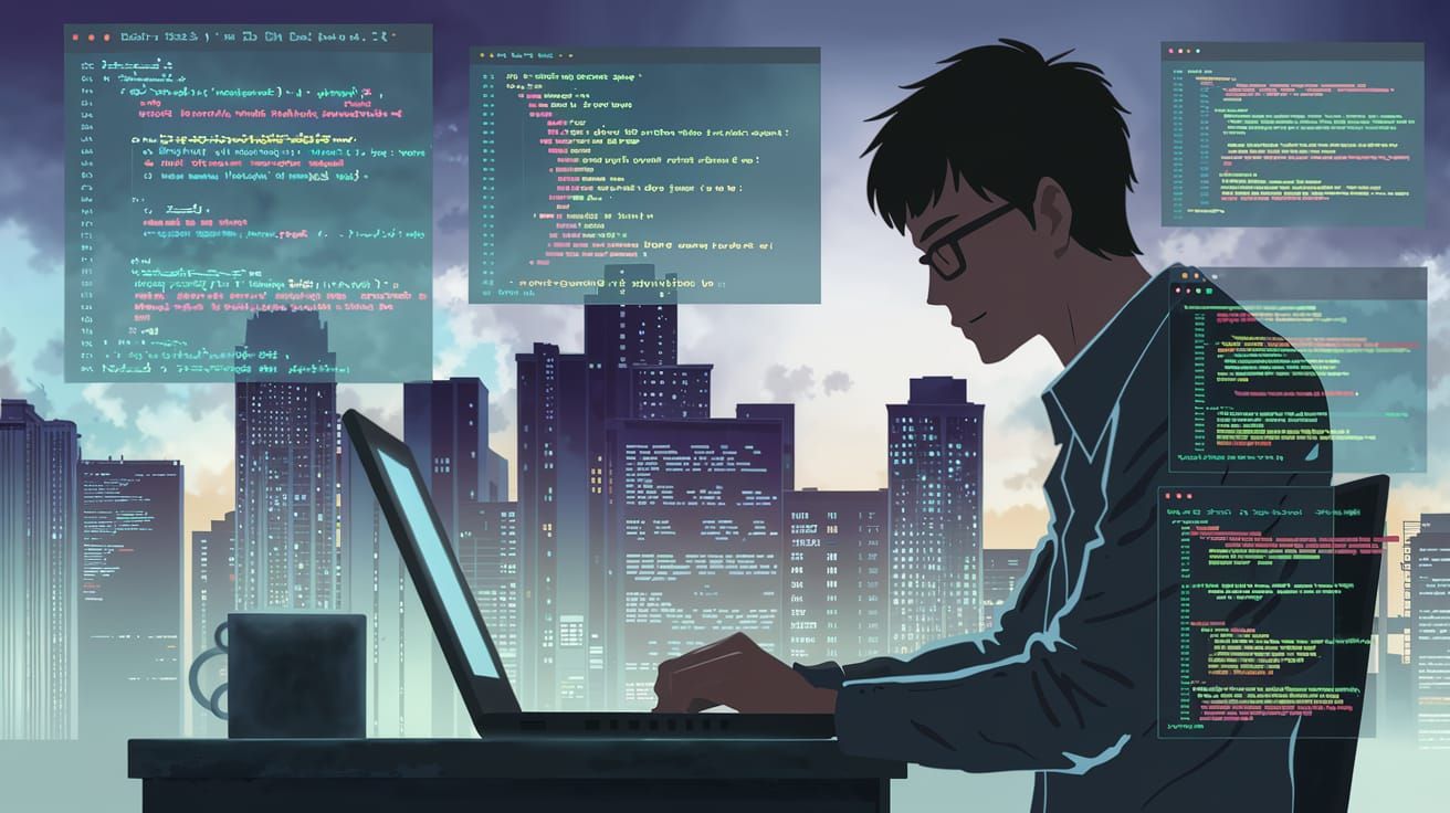 Anime Style Software Developer Background Banner with City S...