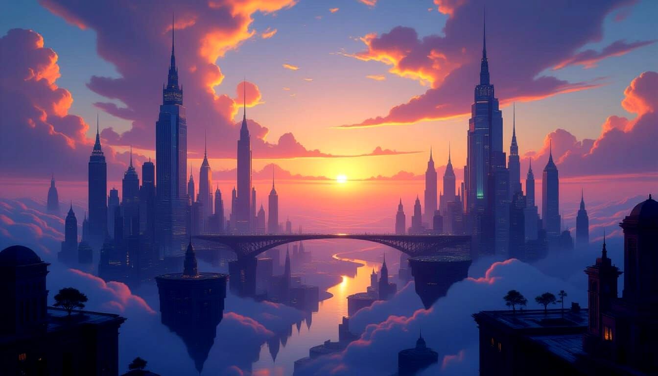 Surreal Dreamscape Cityscape with Binary Sunset
