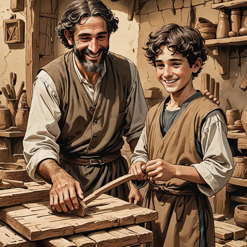 Boy Helps Father in Woodshop: Comic Style